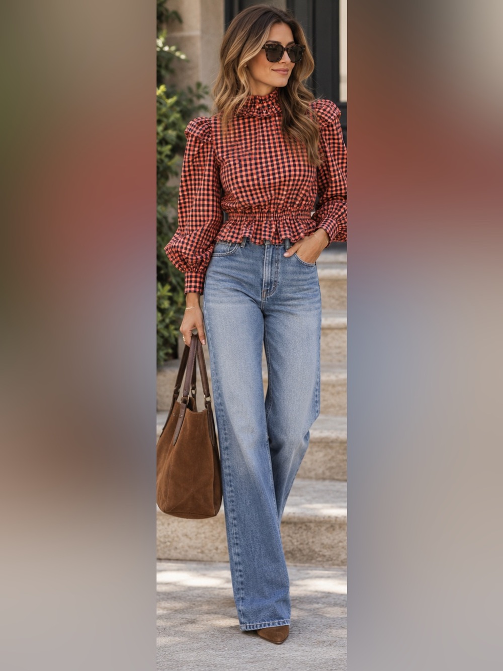 GANNI Gingham Peplum Blouse Orange & Black SZ EU 36/4